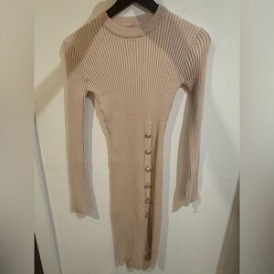 Chic Ribbed Knit Long Sleeve Dress in Tan